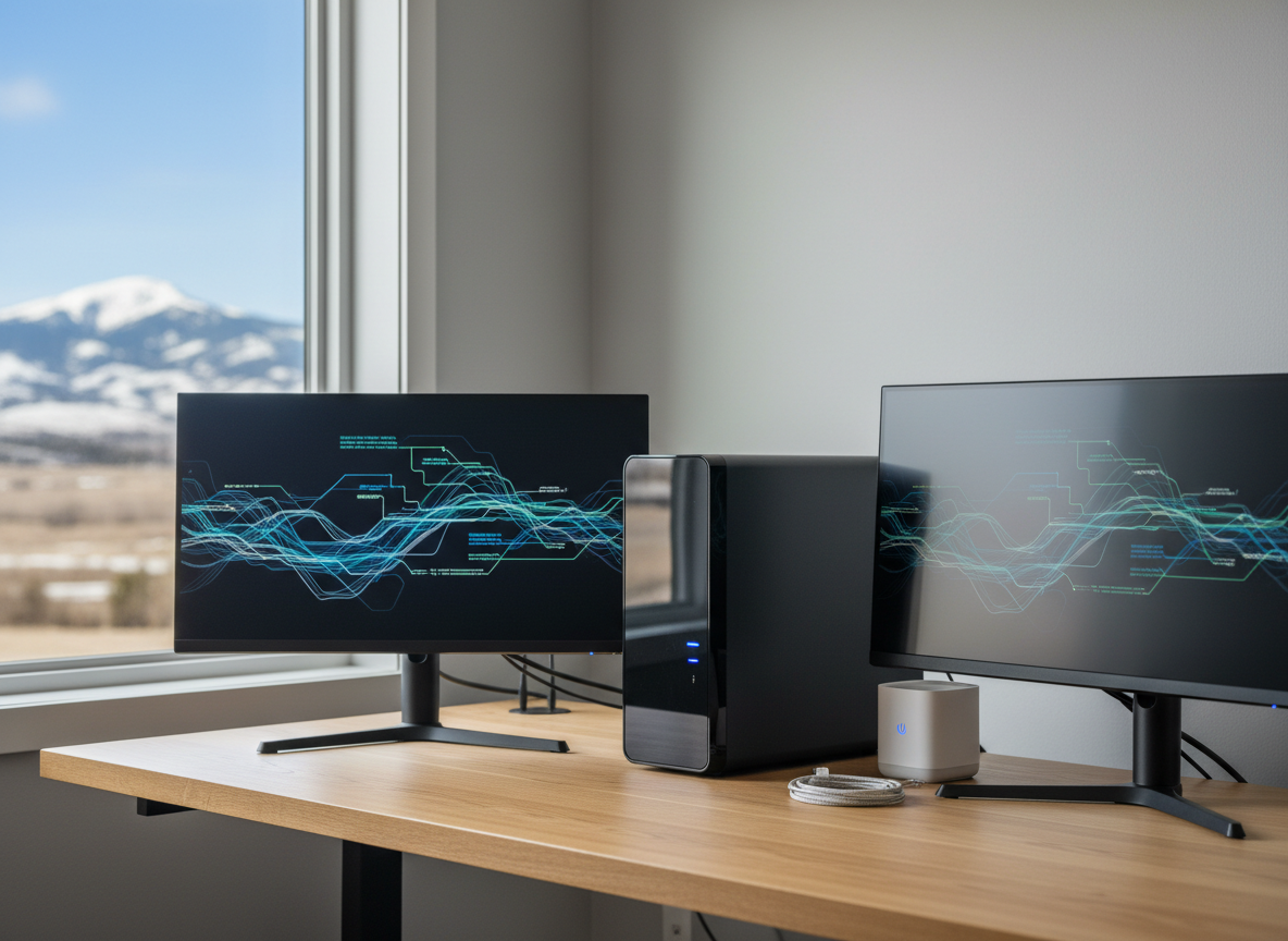 A clean, modern home office workspace featuring a sleek black desktop computer tower with subtle blue status lights, dual ultra-thin monitors displaying abstract network diagrams, and a neatly coiled ethernet cable beside a compact Wi‑Fi router. The setup rests on a light oak desk against a soft gray wall, with a large window revealing a hint of Colorado Front Range foothills in soft focus. Diffused natural daylight fills the room, creating gentle reflections on the screens and a calm, orderly mood. Photographic realism, shot at eye level with a slight three‑quarter angle, sharp focus on the equipment and a softly blurred background to emphasize professional, dependable IT support for home users.