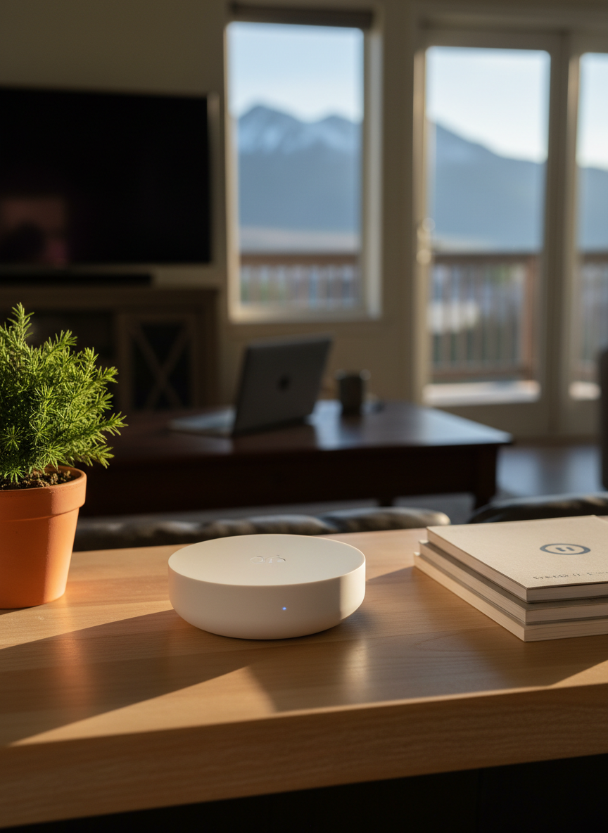 A close-up of a home Wi‑Fi optimization scene: a matte white mesh router puck centered on a natural wood console table, flanked by a small evergreen plant and a stack of neatly arranged tech manuals. In the distant background, blurred but recognizable, is a cozy living room with a large TV, a laptop on a coffee table, and a hint of mountain silhouettes through a patio door, suggesting a Northern Colorado neighborhood. Late afternoon natural light streams in, casting soft, warm highlights on the router’s smooth surface. Photographic realism, shallow depth of field, router in crisp focus, background gently blurred. The mood is calm, secure, and reassuring, emphasizing reliable home technology assistance.